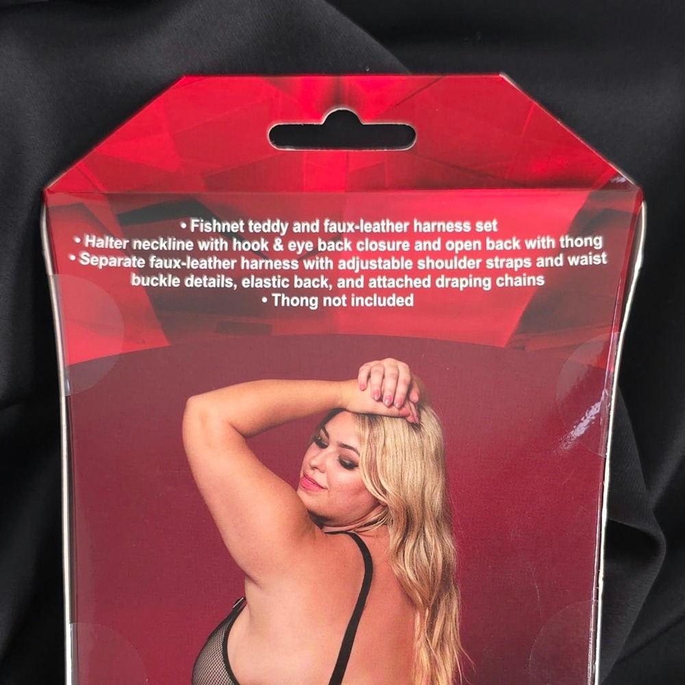 Dreamgirl Black Fishnet Teddy Faux Leather Harness Queen Plus Size 13291X - Picture 5 of 9